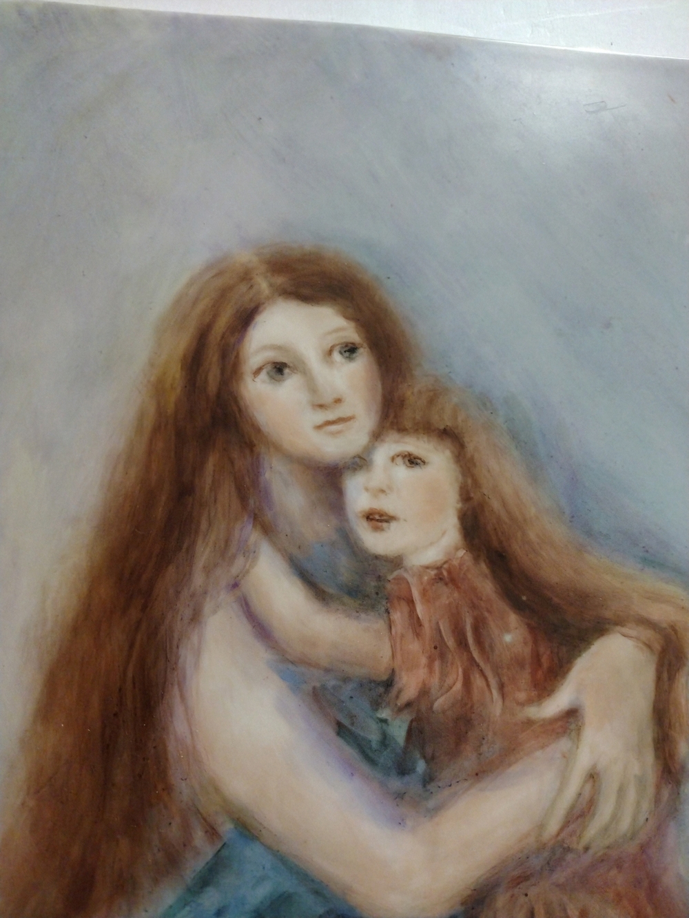Vintage Mother and Child Portrait Painting - Soft Blue & Brown Tones
